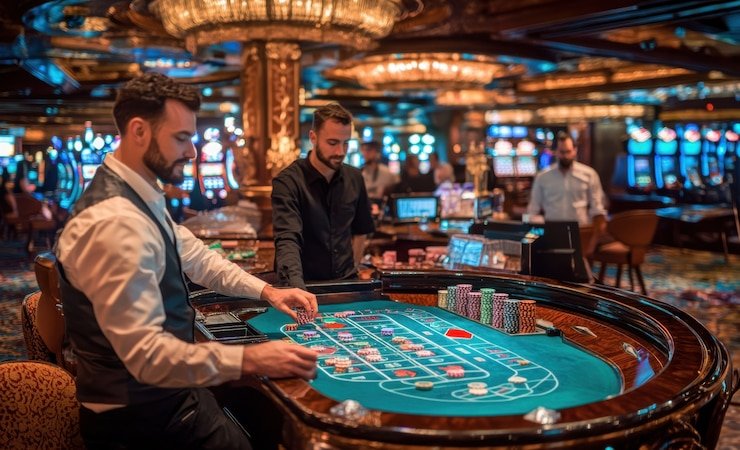 Meja Three Card Poker live dealer di dunia slot dengan layar permainan interaktif